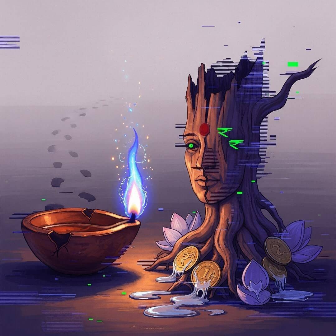 A clay lamp with blue flames and a tree root. A clay lamp with blue flames and a tree root.