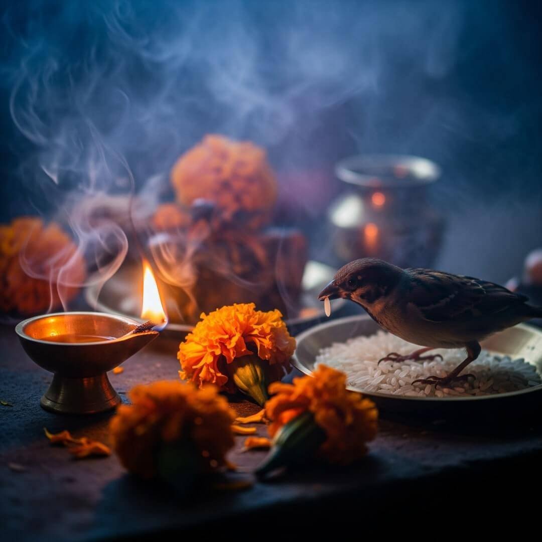 Smoky altar with flickering diya, drooping marigolds, sparrow stealing rice. Smoky altar with flickering diya, drooping marigolds, sparrow stealing rice.