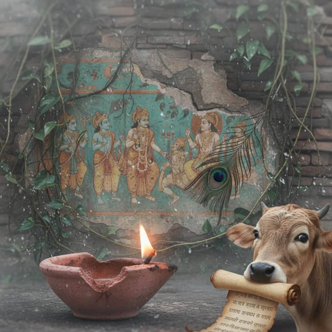 Clay diya, Ramayana mural, peacock, cow, faded colors. Clay diya, Ramayana mural, peacock, cow, faded colors.