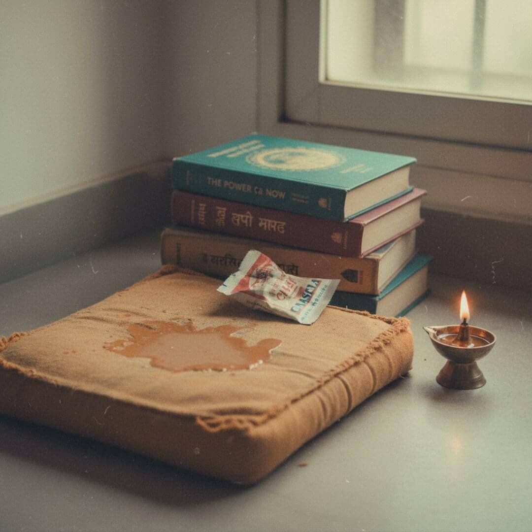 Beginner's mantra meditation with chai, books, and diya. Beginner's mantra meditation with chai, books, and diya.