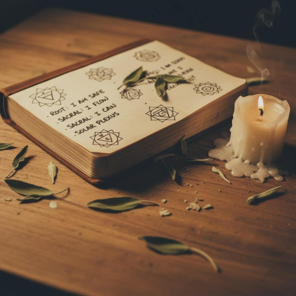 Open journal, chakra notes, sage, lit candle.