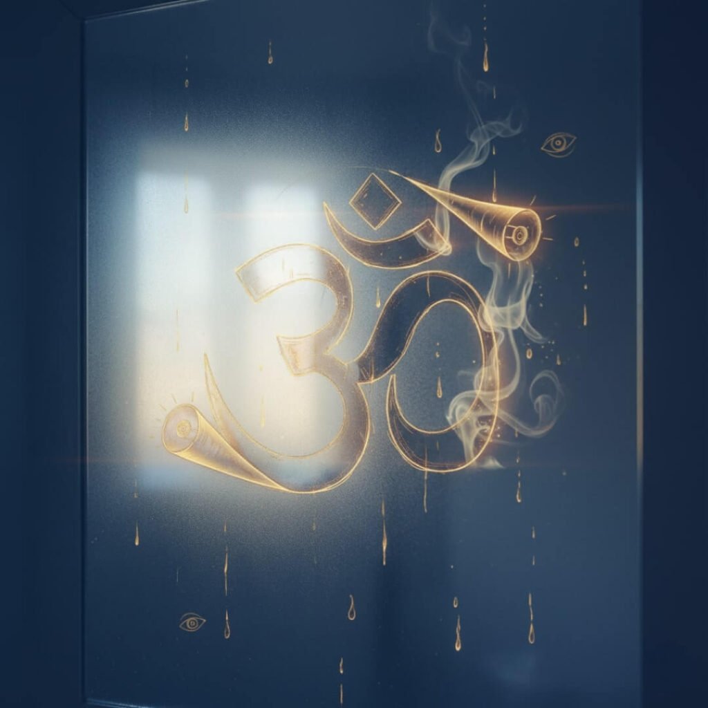 Om symbol sketched on a foggy mirror.