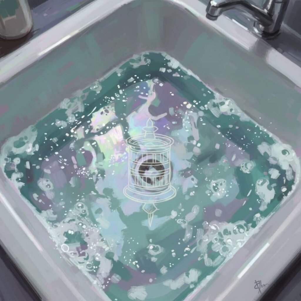 Wonky, impressionistic painting of a soapy sink.