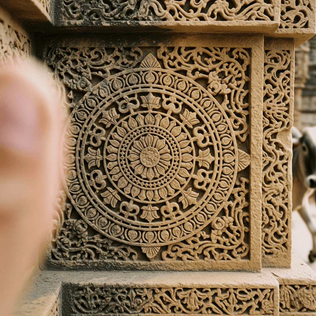 Mandala carved on a temple wall, thumb in corner.