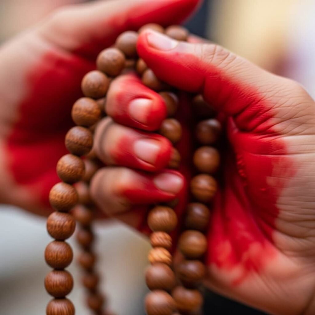 Hand fumbling mala, smeared with sindoor.