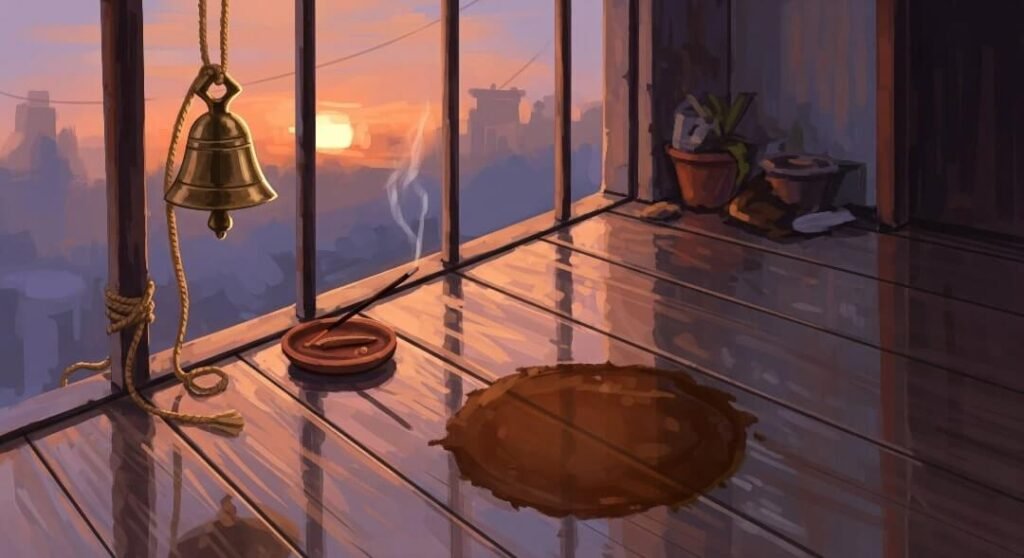 Balcony at dusk with bell and chai stain.