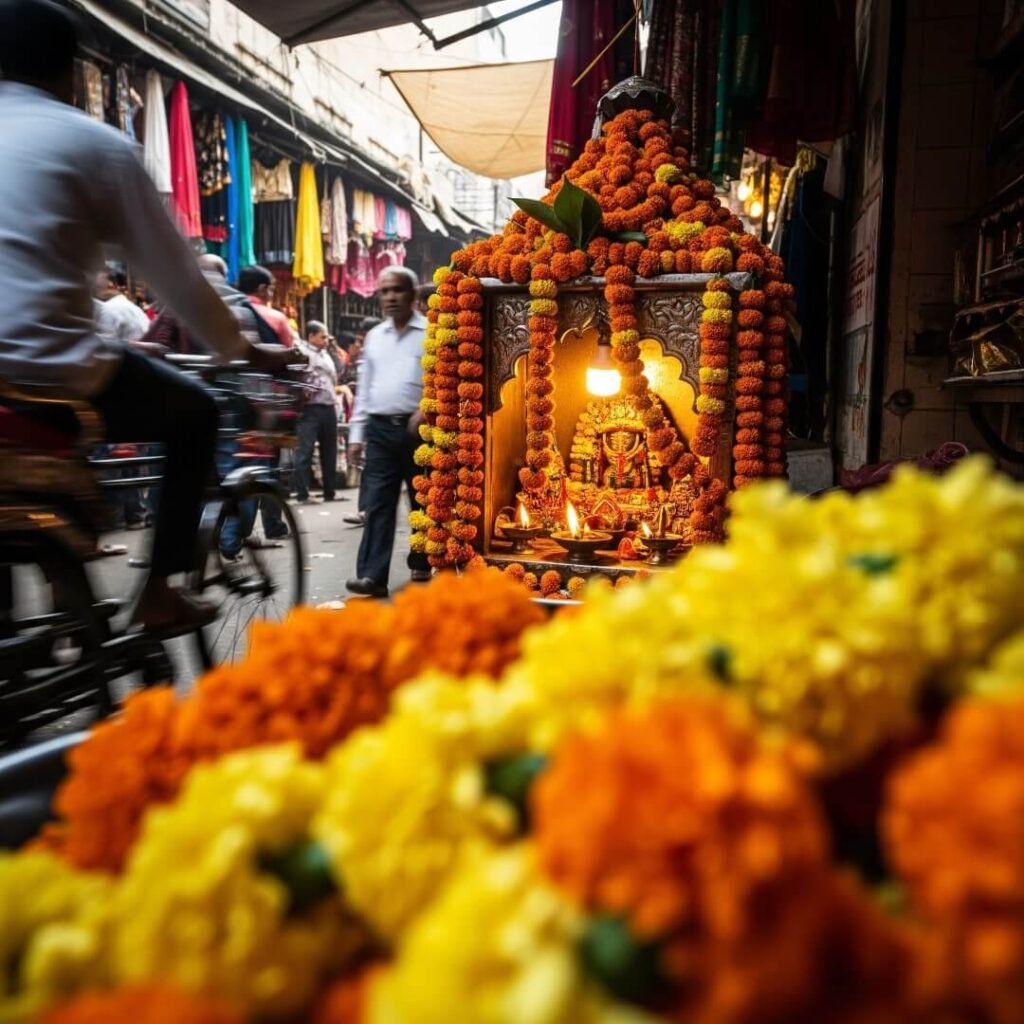 Shaky Delhi market shot, shrine glowing behind marigolds.