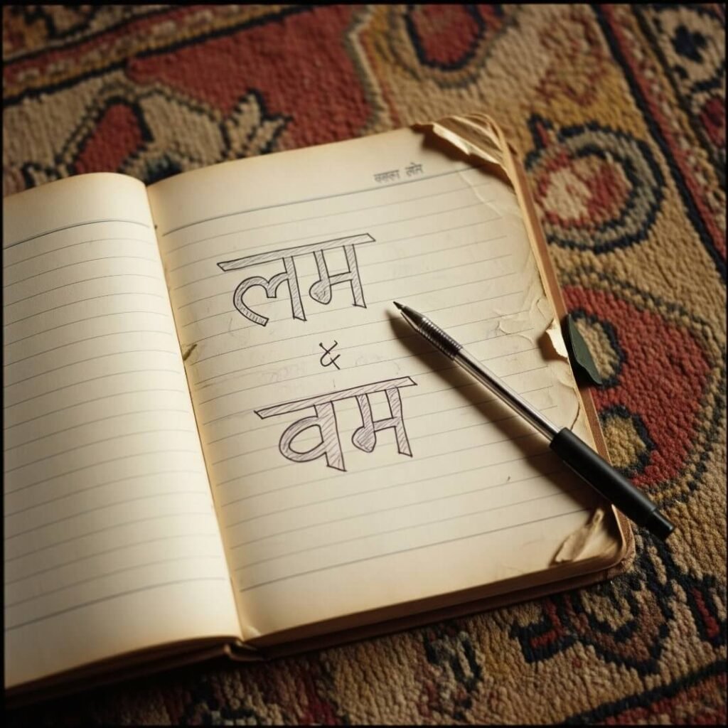 Notebook with Devanagari script on a patterned rug.
