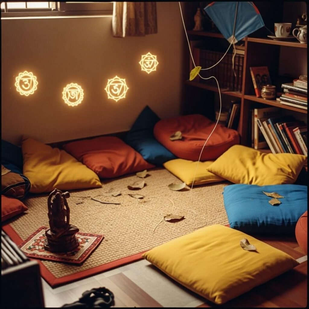 Cluttered Indian meditation nook, glowing chakras.