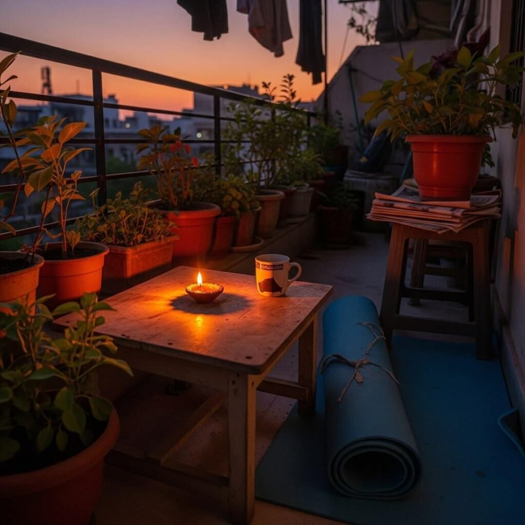 Messy Delhi balcony at dusk with diya and yoga mat.