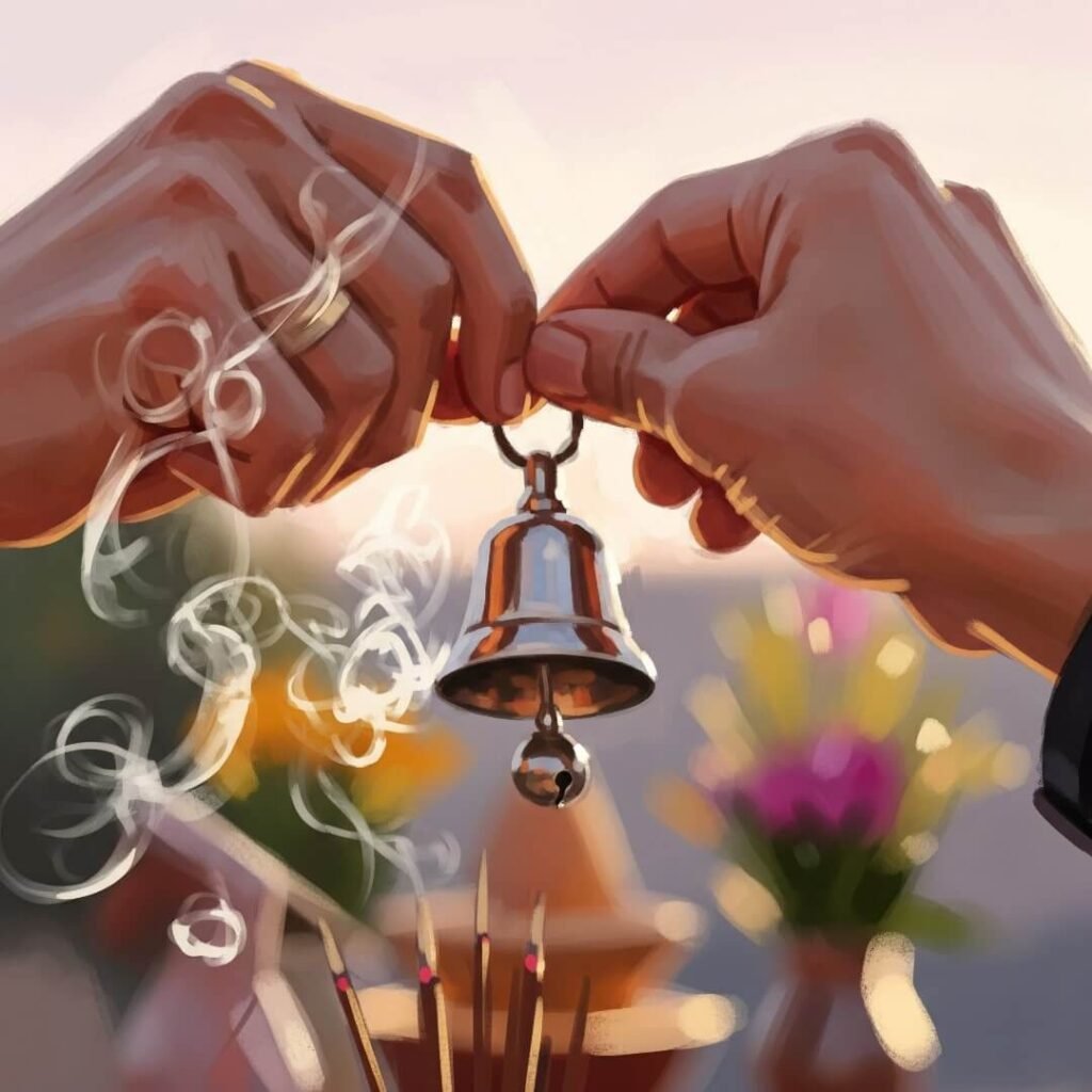 Hands holding a silver bell with incense smoke.