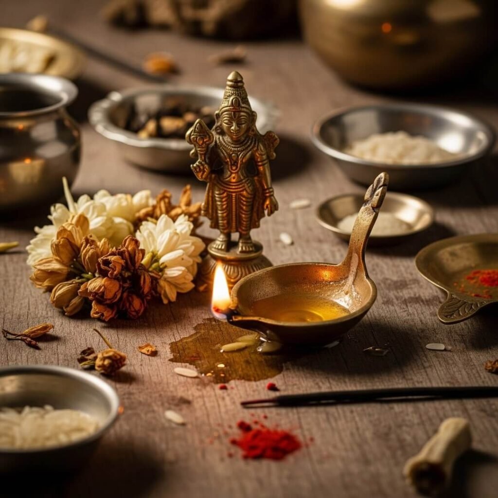 Cluttered puja corner with a Murugan idol and diya.