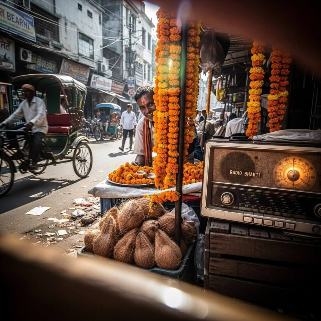 Indian street vendor with marigold garlands and radio.