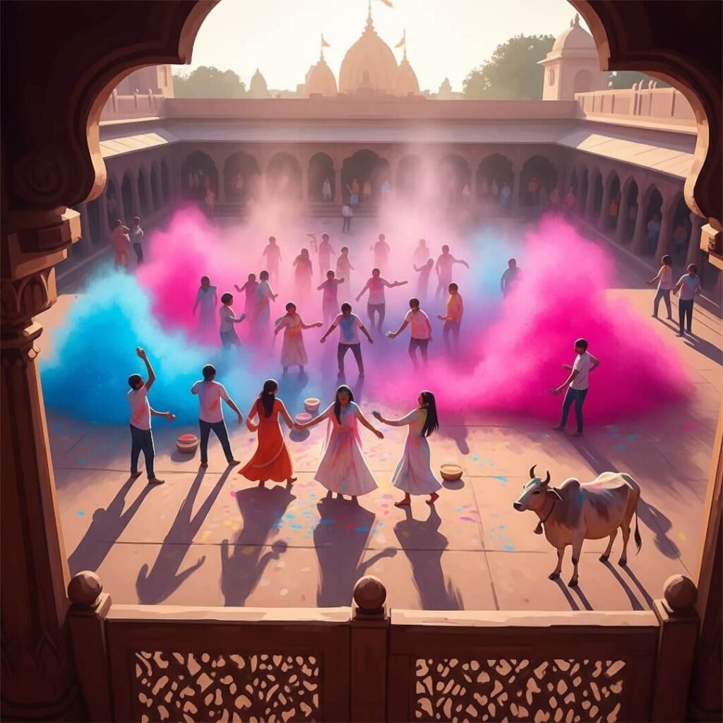 Holi festival in Mathura temple with dancing and colors.