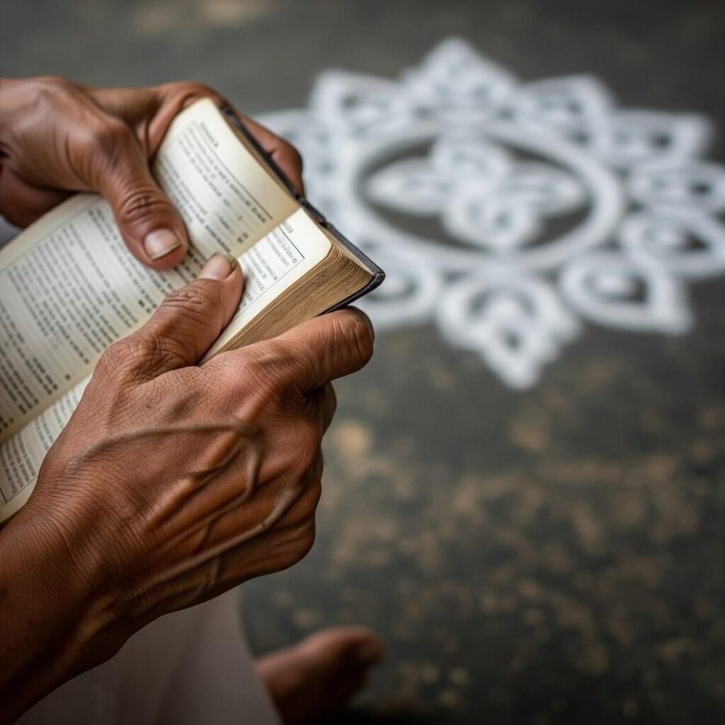 Hands clutching prayer book, kolam in background.