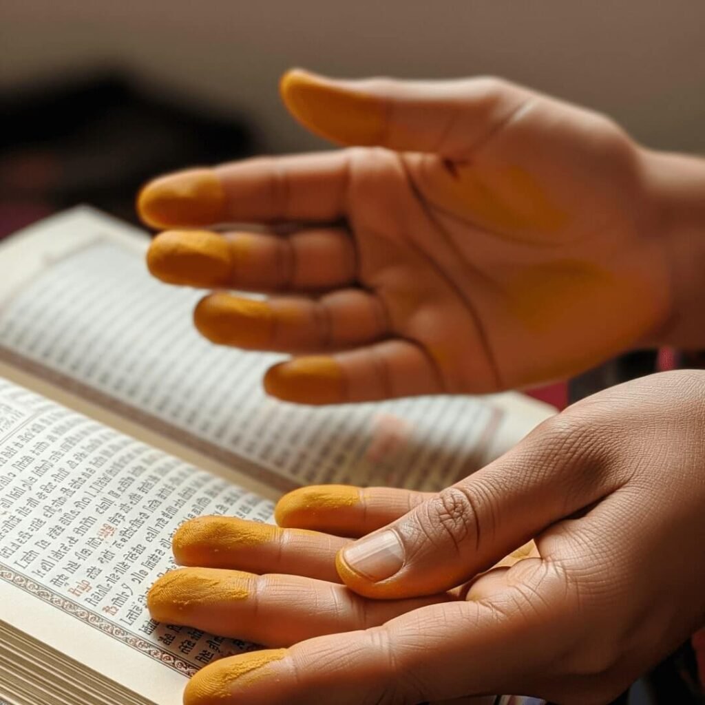 Hands with haldi holding prayer book.