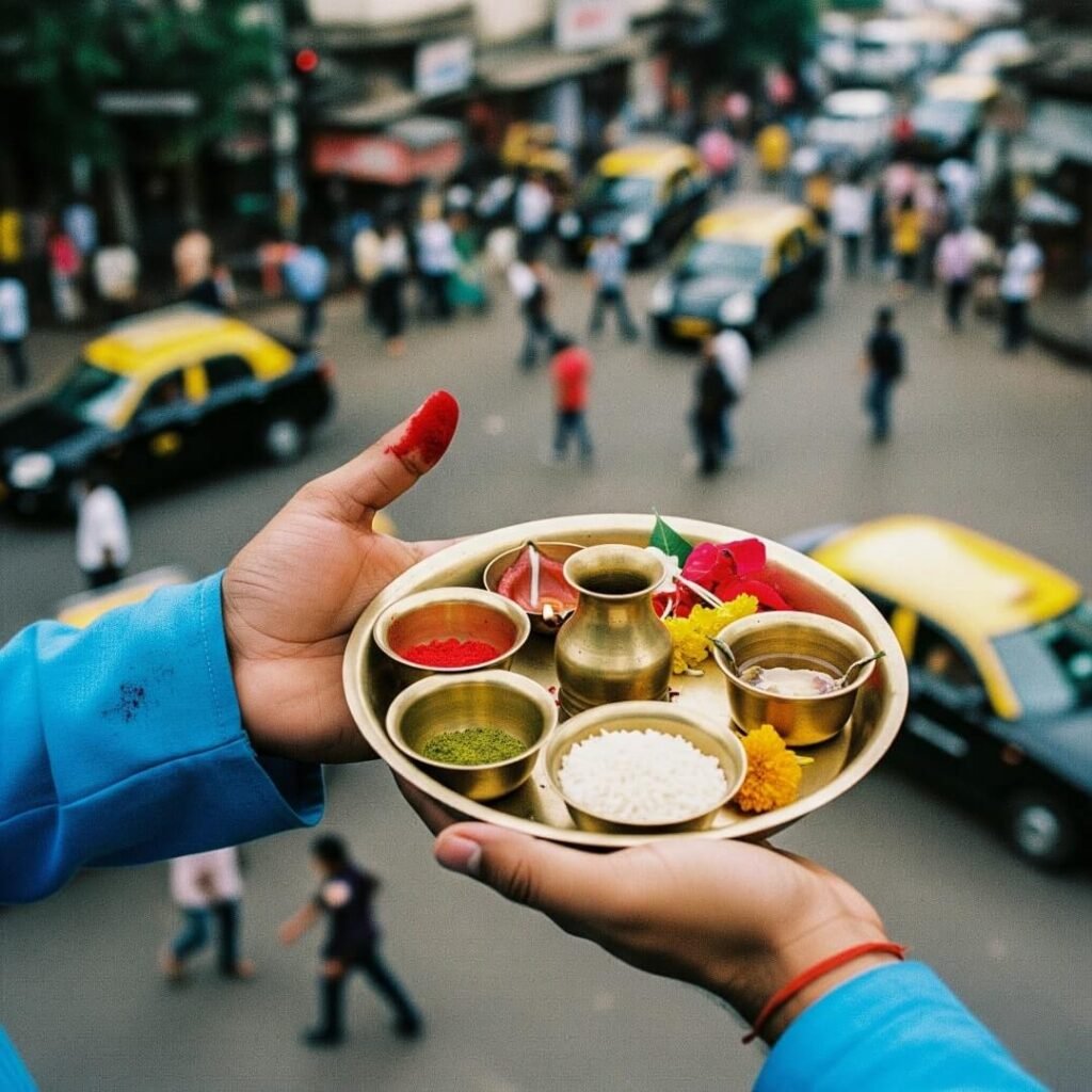 Hands holding puja thali, blurry Mumbai street.