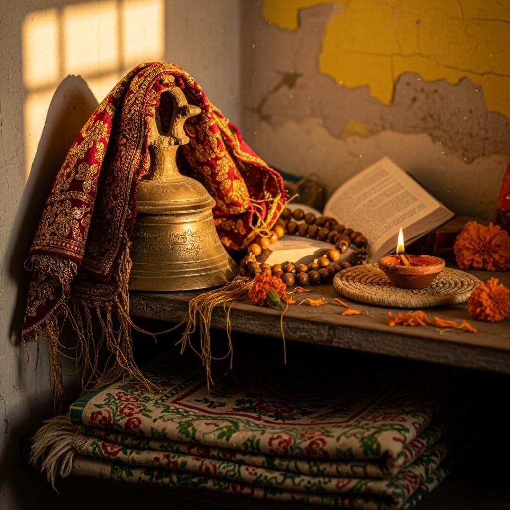 Crooked prayer corner with bell and dupatta at sunrise.