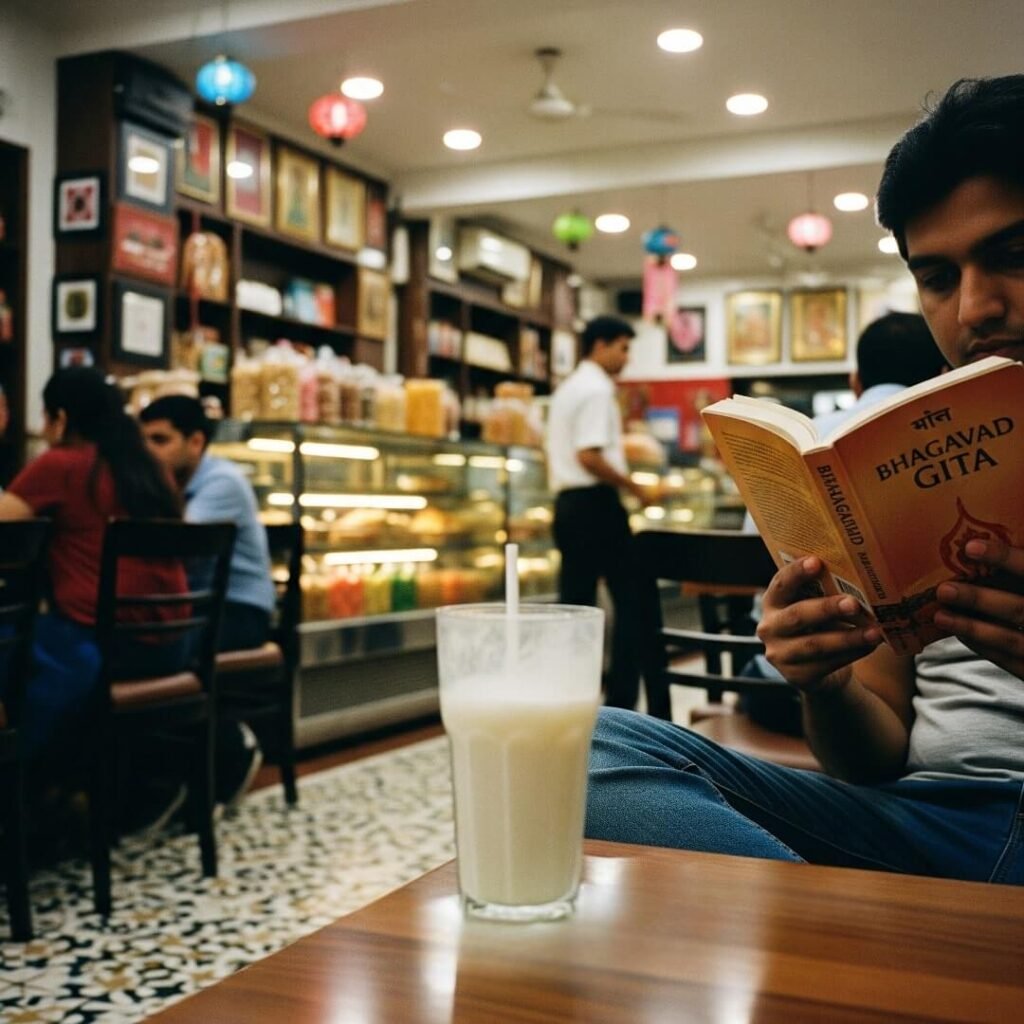 Man reading Gita in Delhi café
