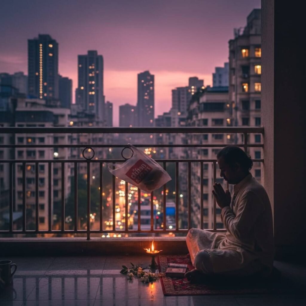 Man praying on Mumbai balcony with cityscape.