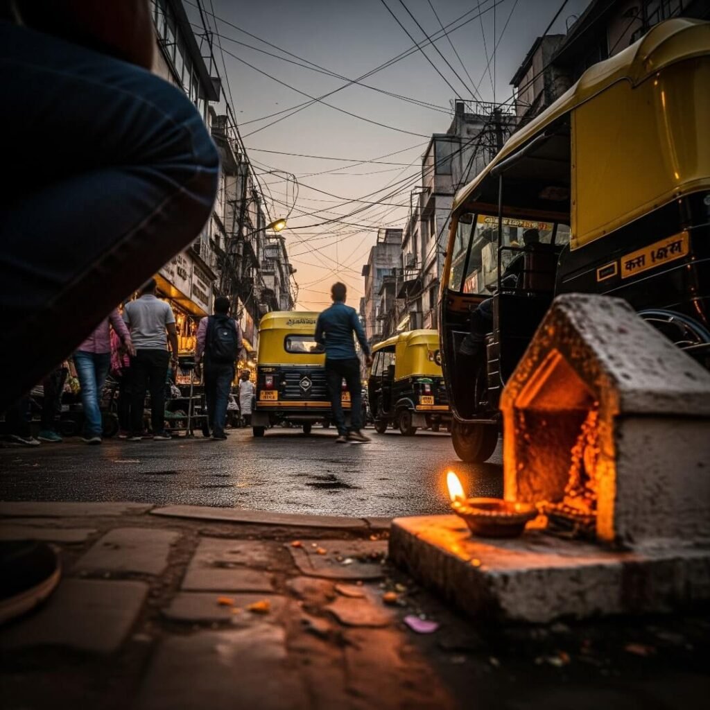Karol Bagh street with shrine and rickshaws.