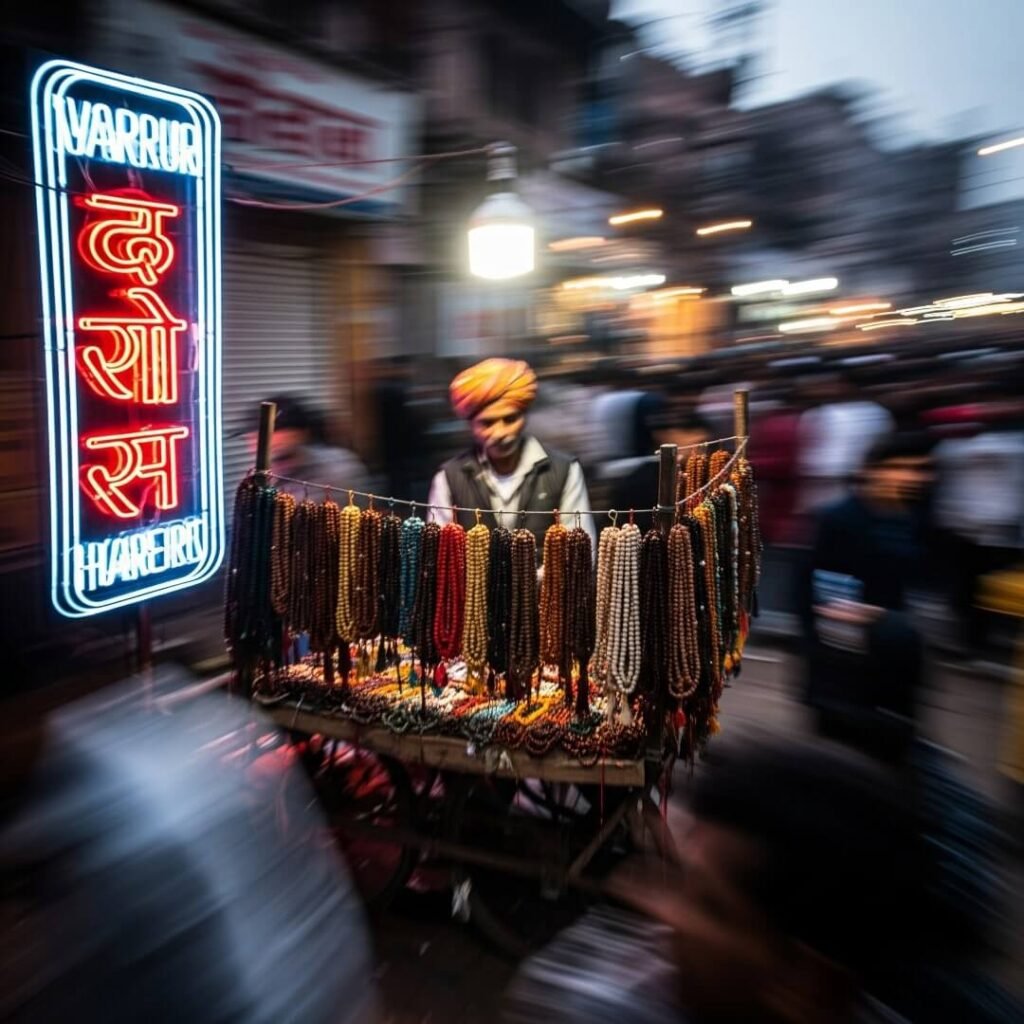 Blurry street vendor selling mala beads.