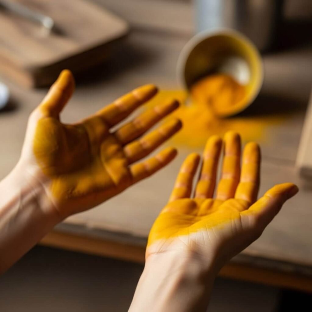 Turmeric-stained hands with spilled haldi bowl.