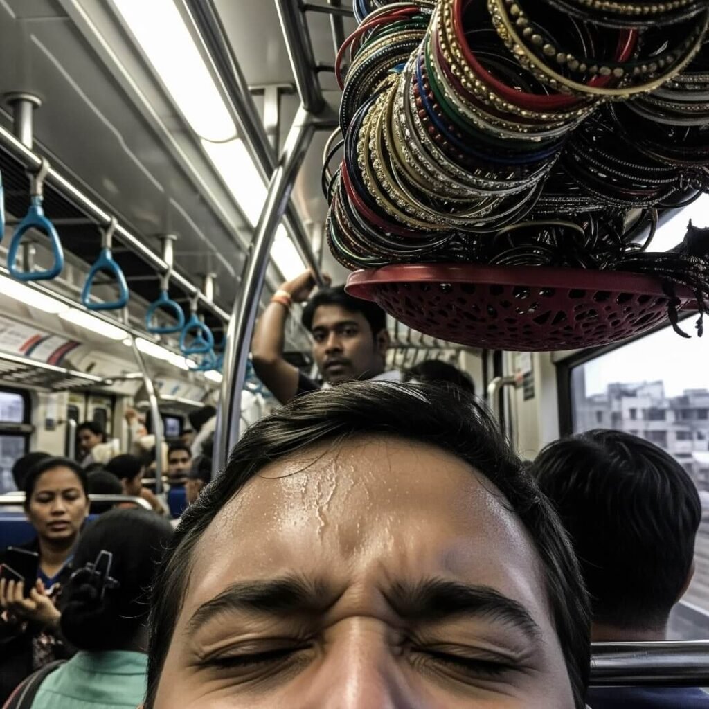 Man meditating in a crowded train with bangles.