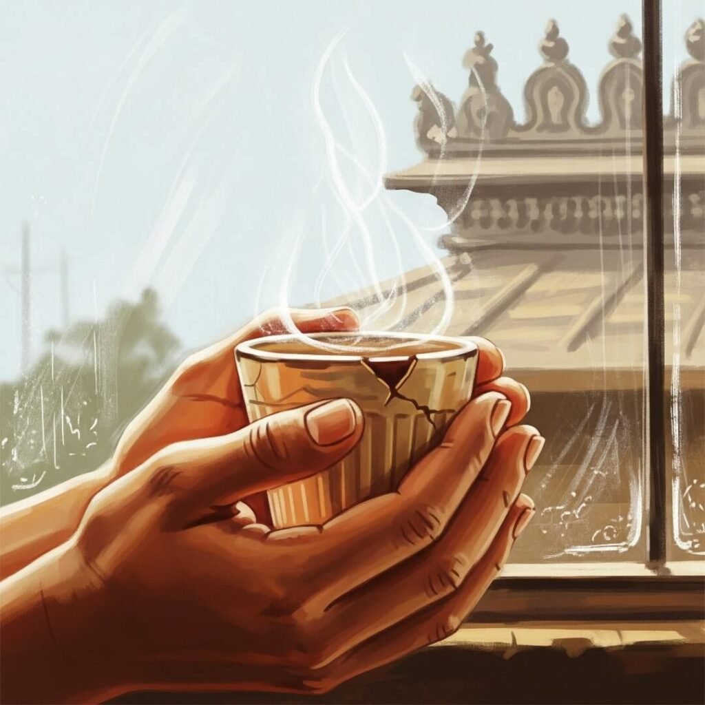 Hands gripping a chipped chai cup by a temple.