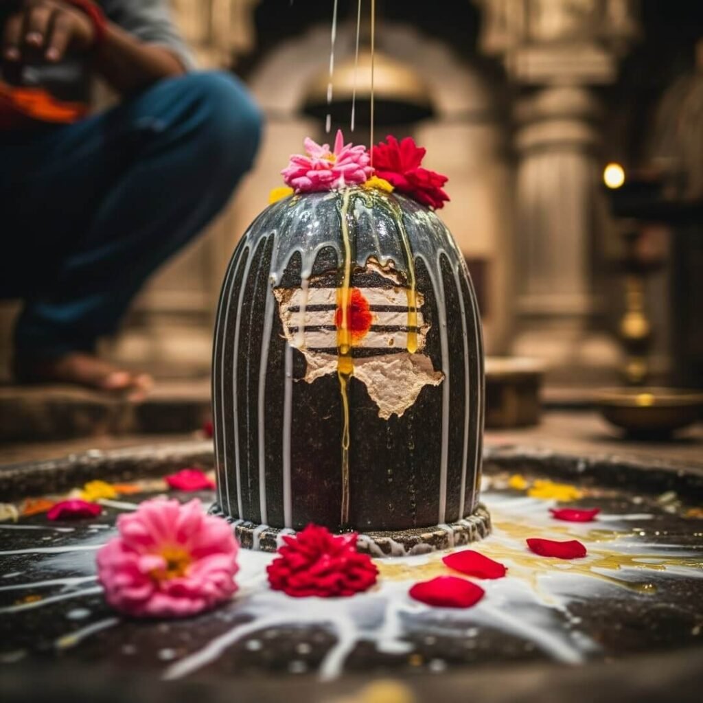 Chipped Shiva lingam in Varanasi temple, low shot.
