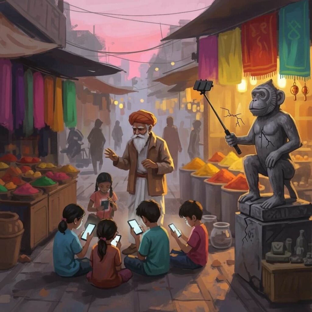 Delhi market, storyteller, kids, monkey selfie stick.