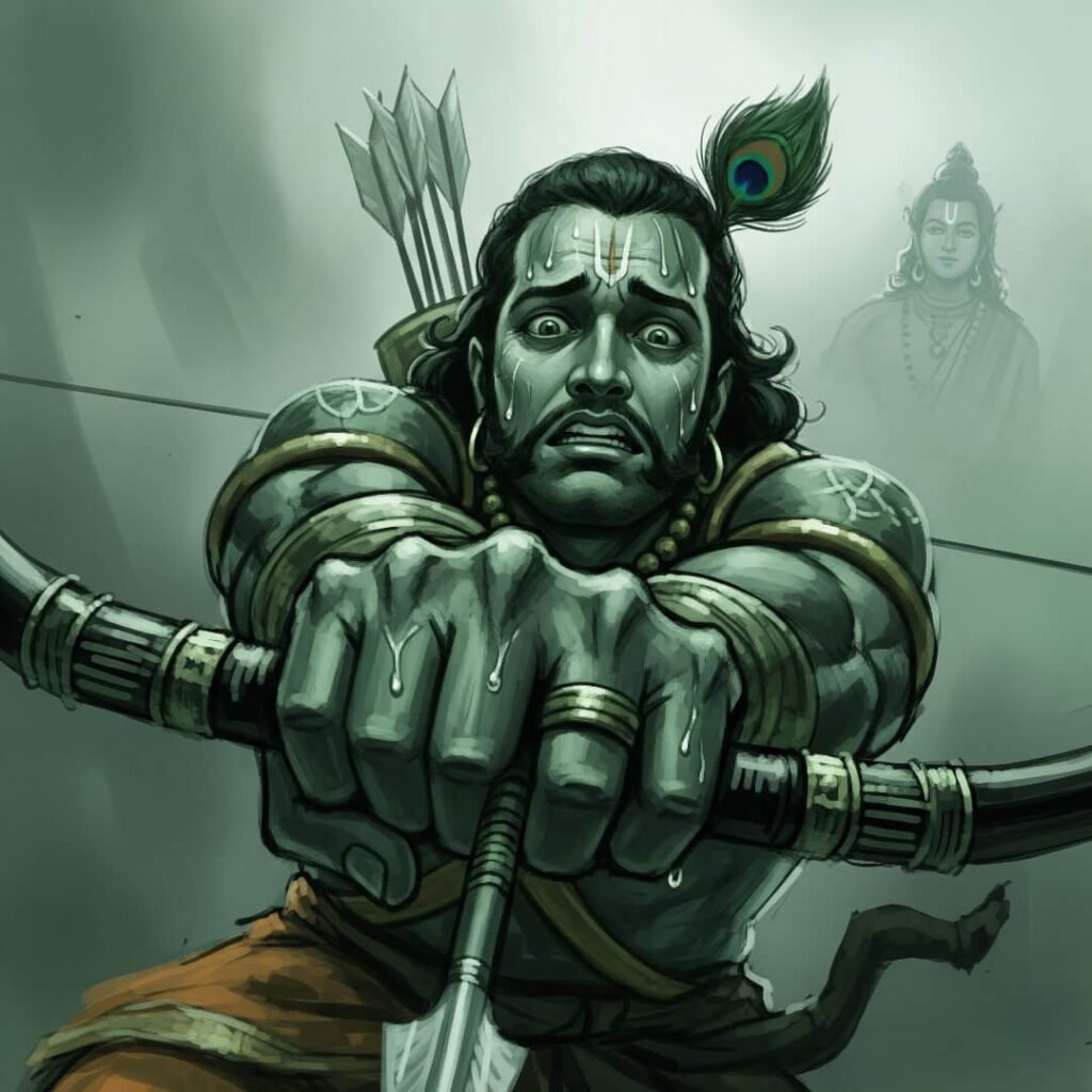Arjuna, bow, sweat, panic, Krishna in background.