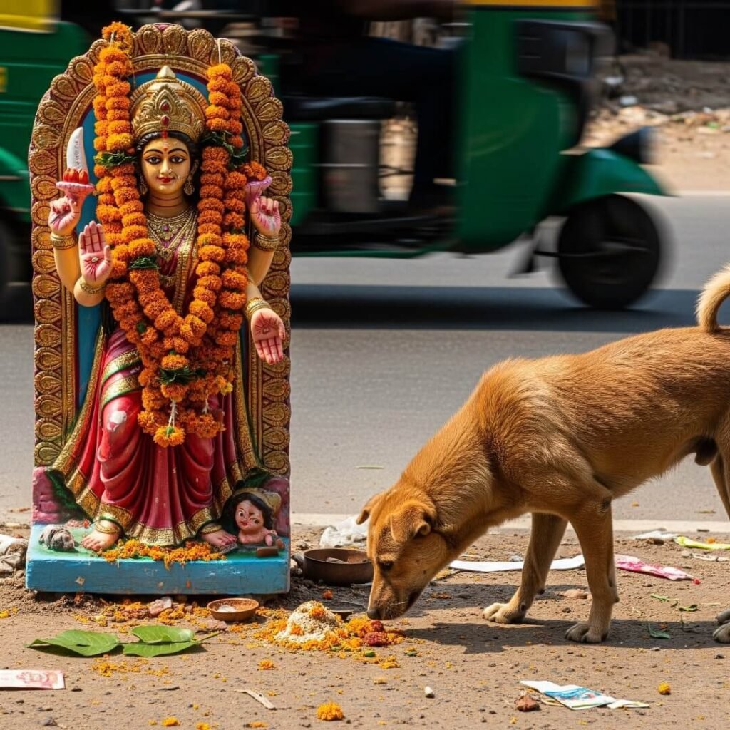 Lakshmi idol, marigolds, stray dog, rickshaw in background.