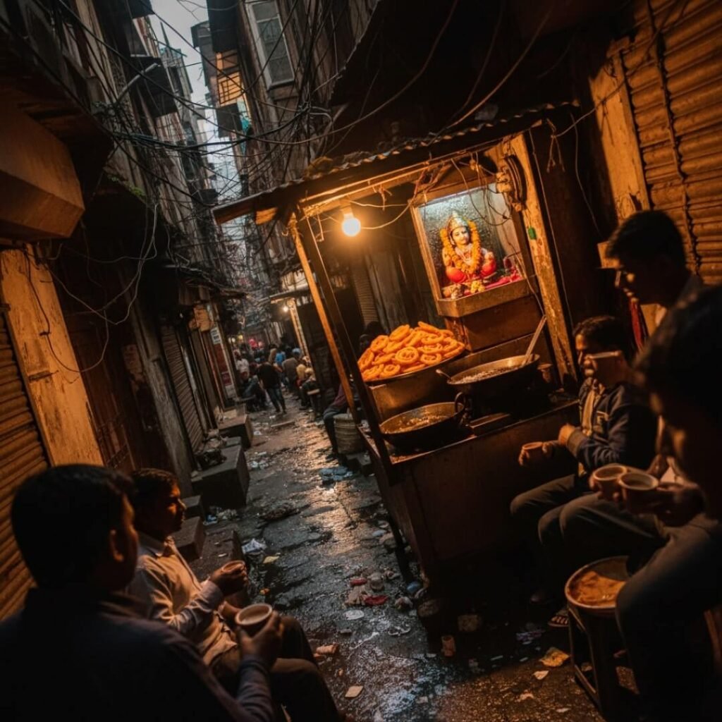 Old Delhi alley with a chai stall and Hanuman idol.