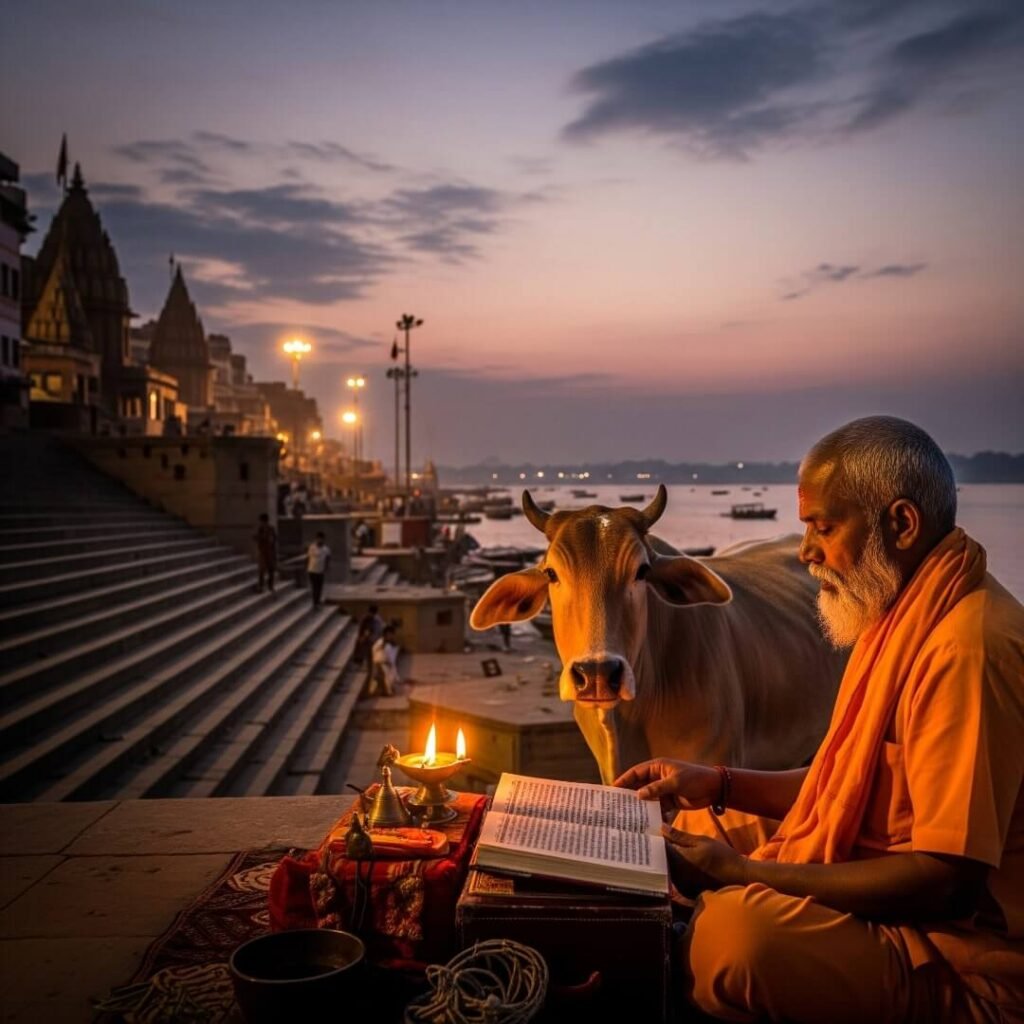 Pandit, diya, cow at Assi Ghat dusk.