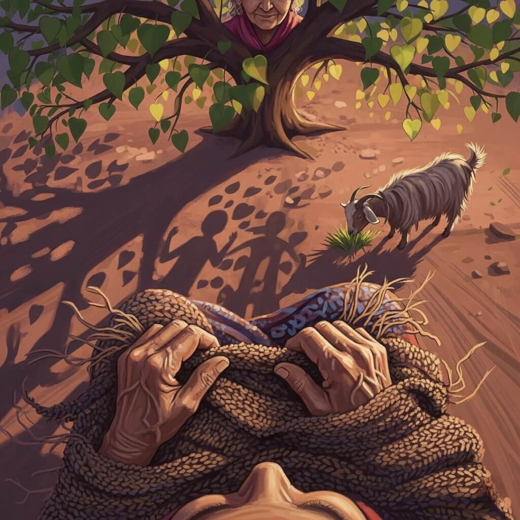 Grandmother tells stories under a peepal tree.