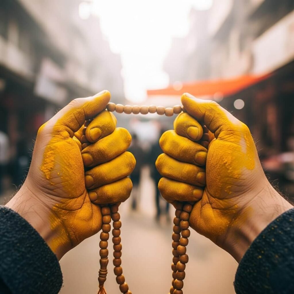 Hands gripping prayer beads, smudged with turmeric.