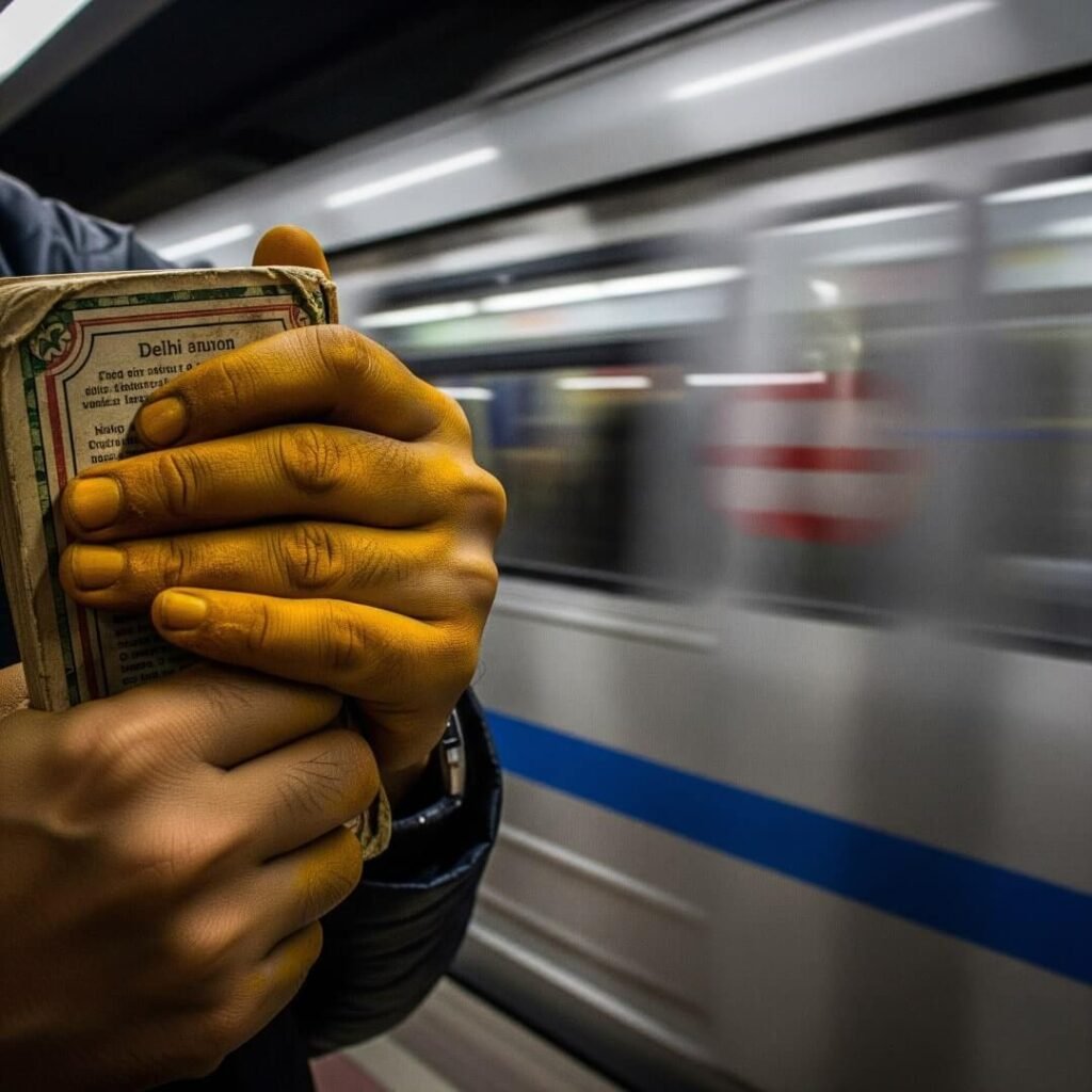 Hands with prayer book, Delhi metro in background.