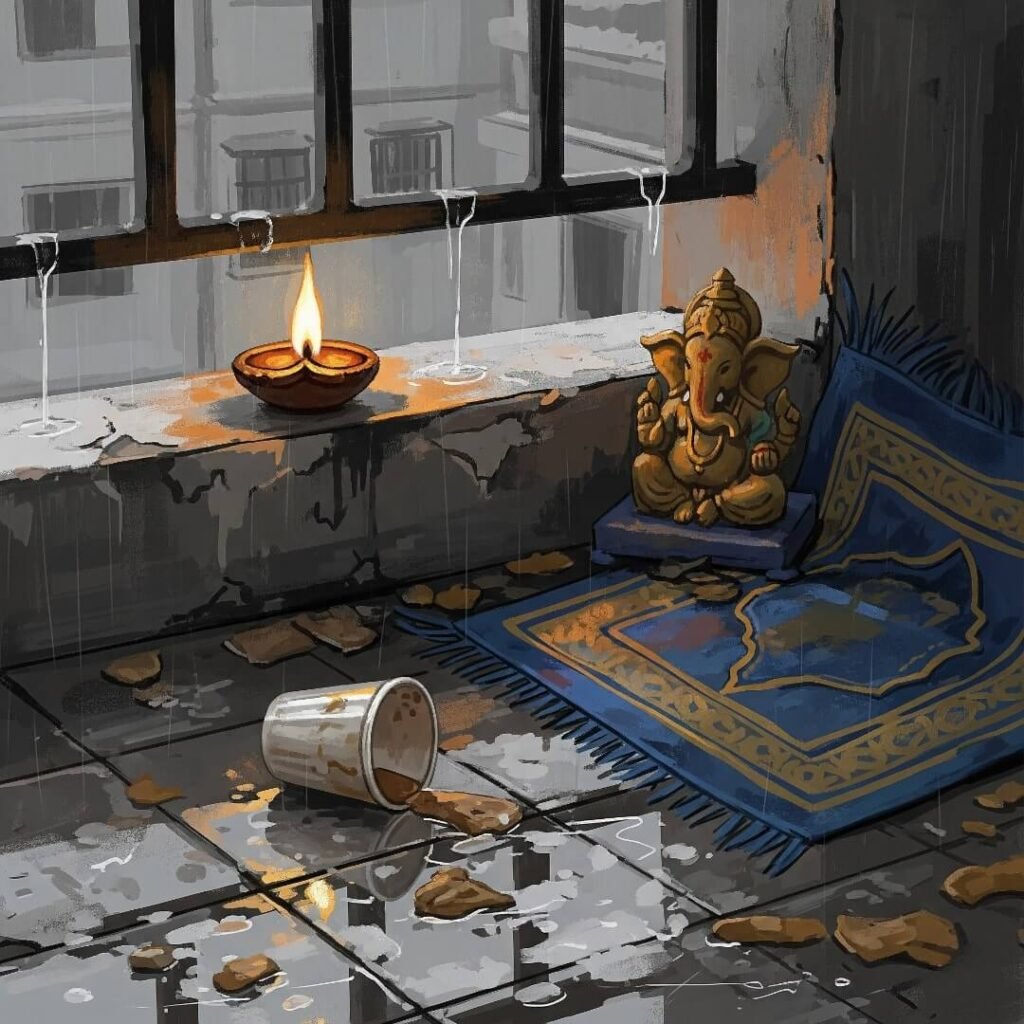 Rainy balcony with diya, Ganesh, and chai cup.