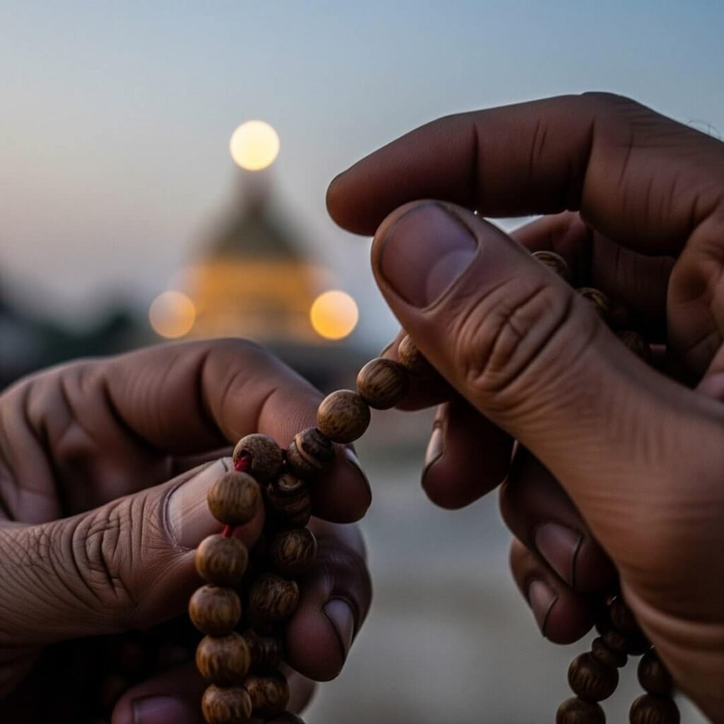 Hands fumbling mala beads, temple dome in dusk.