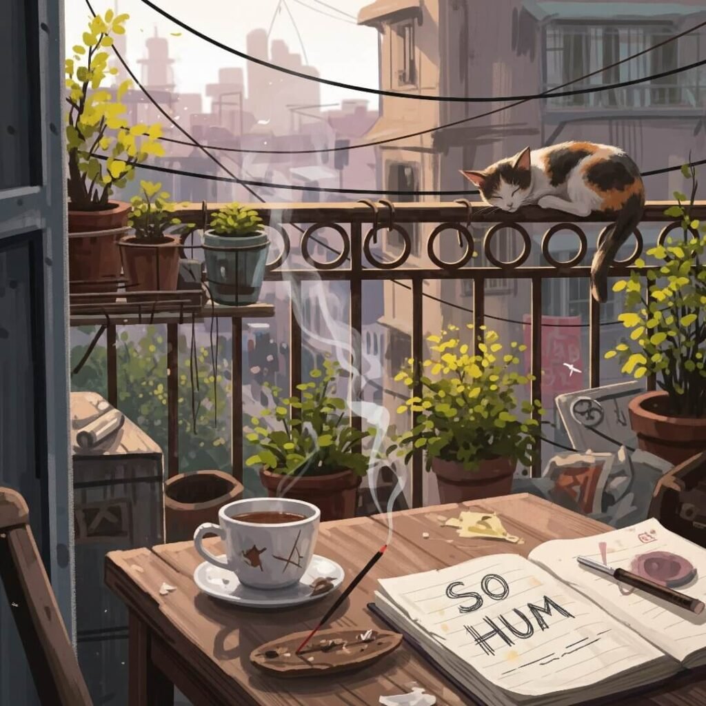Balcony painting: cat, incense, "So Hum" notebook.