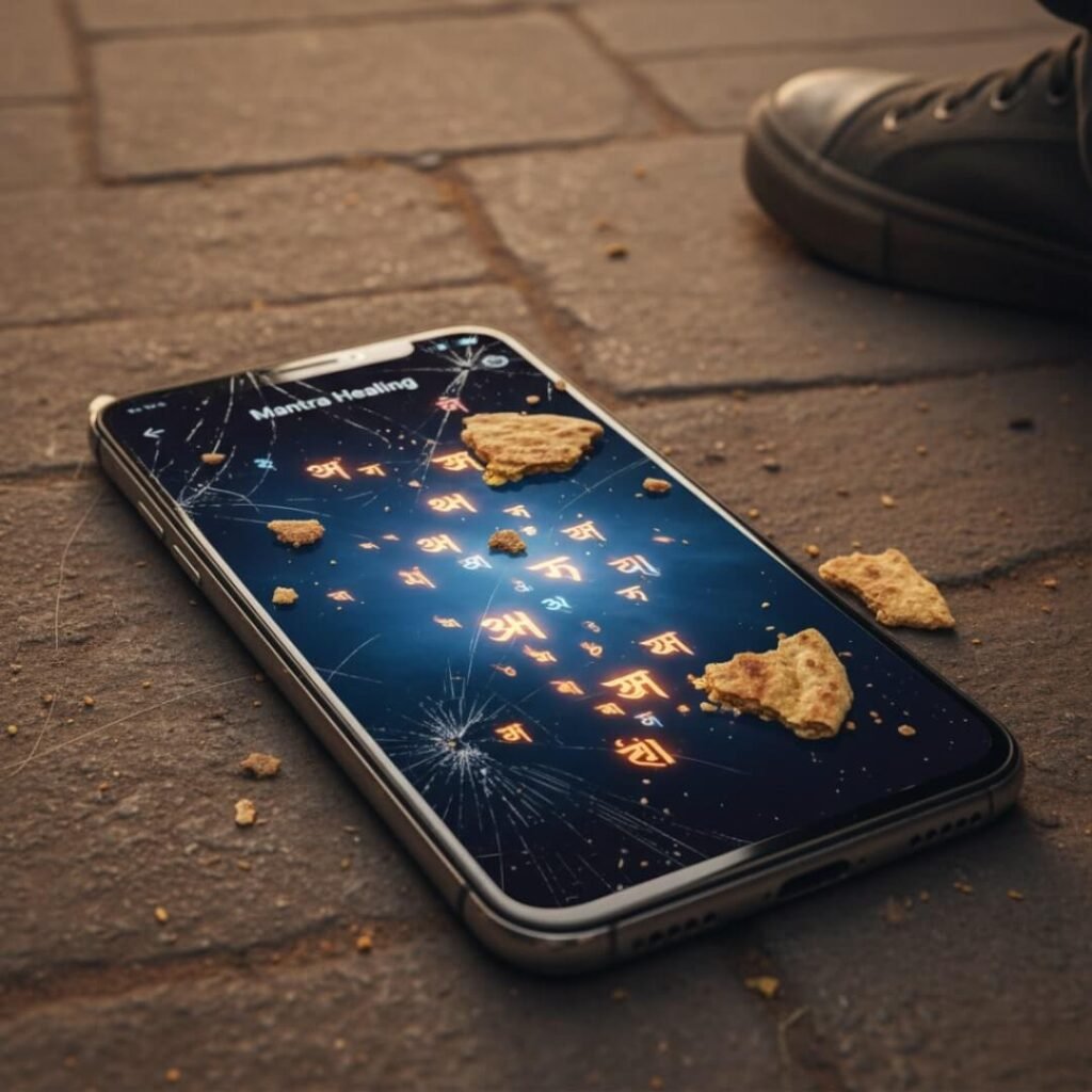 Mantra app on cracked, crumb-covered phone.