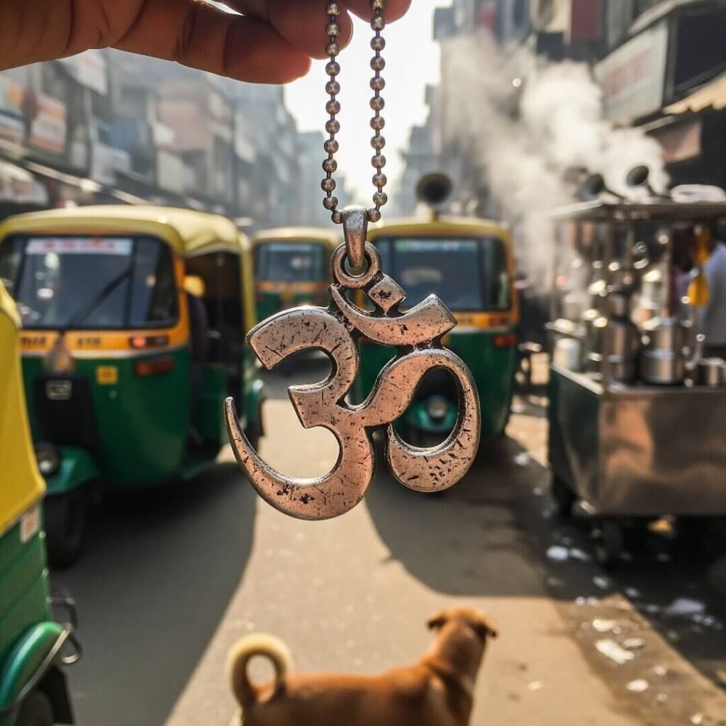 Scratched Om pendant against chaotic Delhi street.