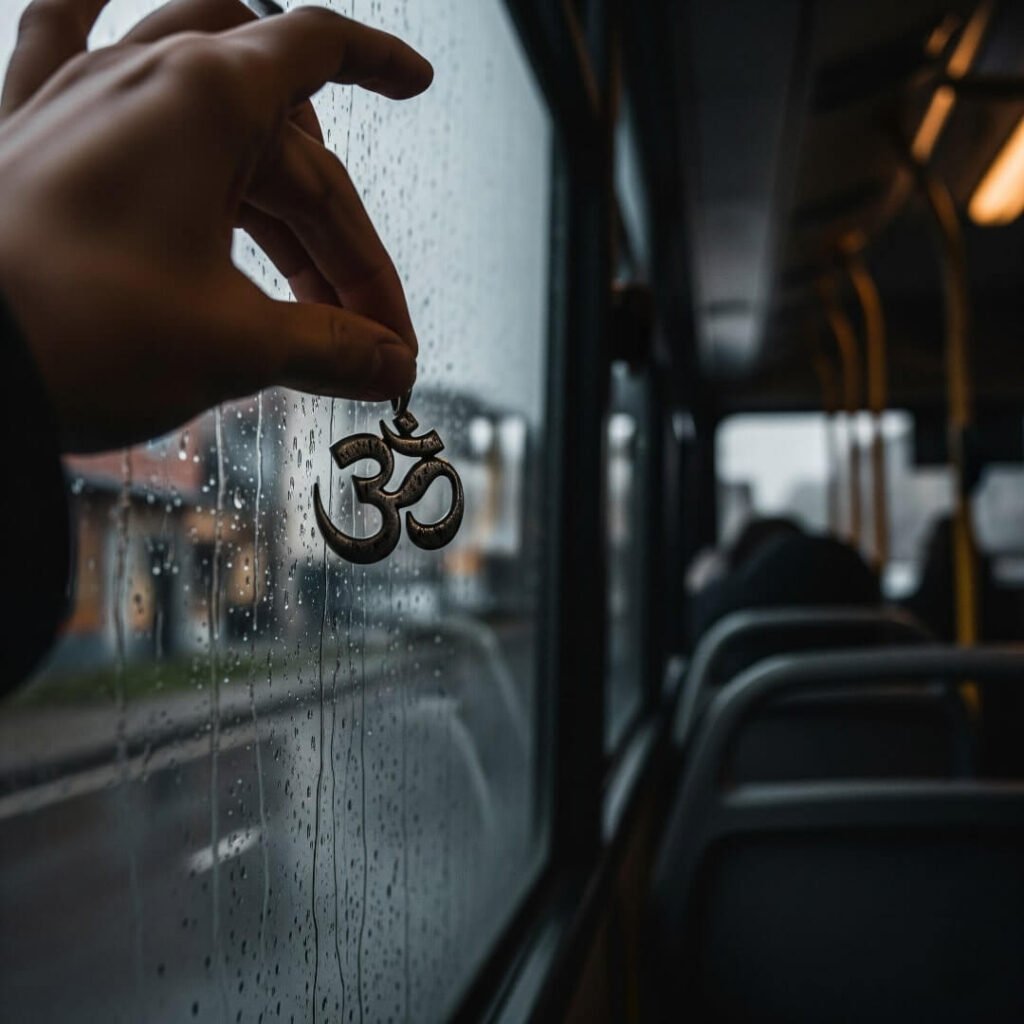 Hand holding an Om pendant against a rainy bus window.