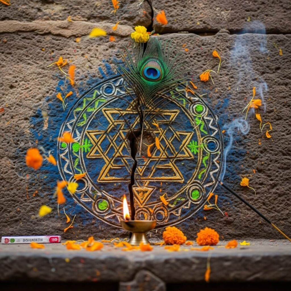 Impressionistic yantra with agarbatti and marigold petals.