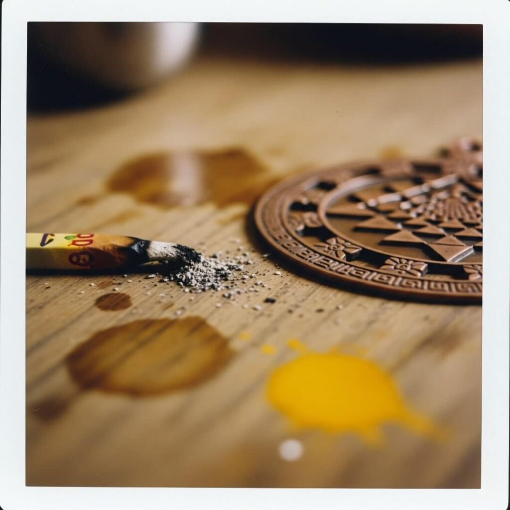 Copper Shri Yantra, chai stains, agarbatti, vintage Polaroid.