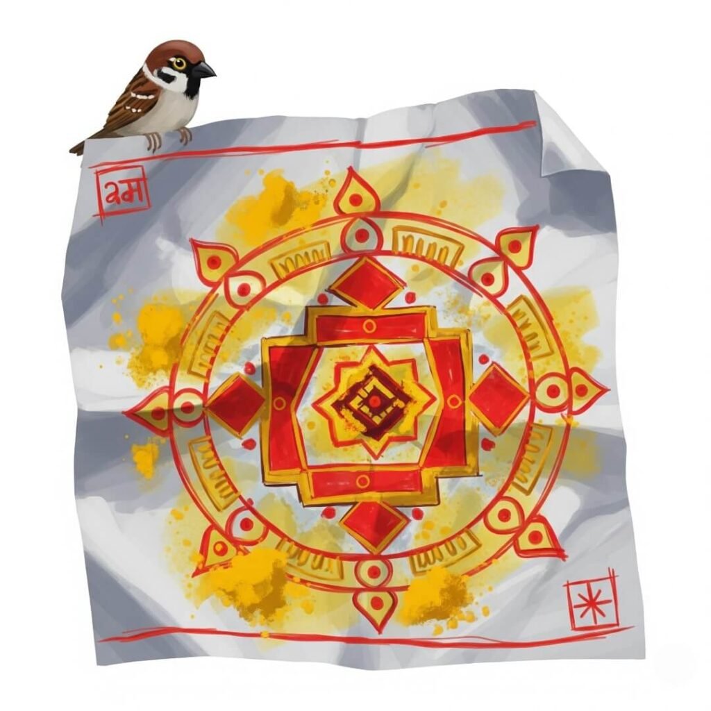 Hand-drawn yantra on crumpled paper with haldi and a sparrow.