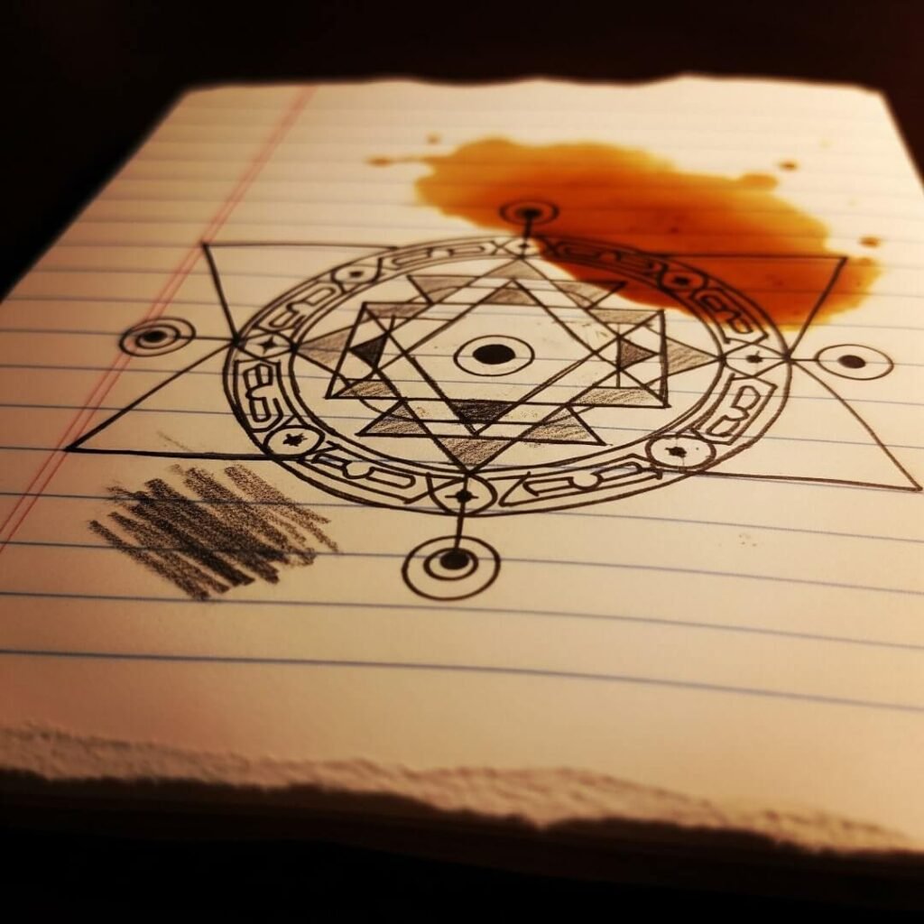 My yantra doodle, ruined by chai and my shaky hands, but still kinda vibey.