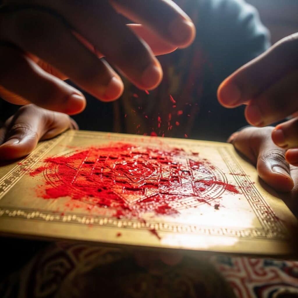 Hands clutching brass yantra, smudged with sindoor.