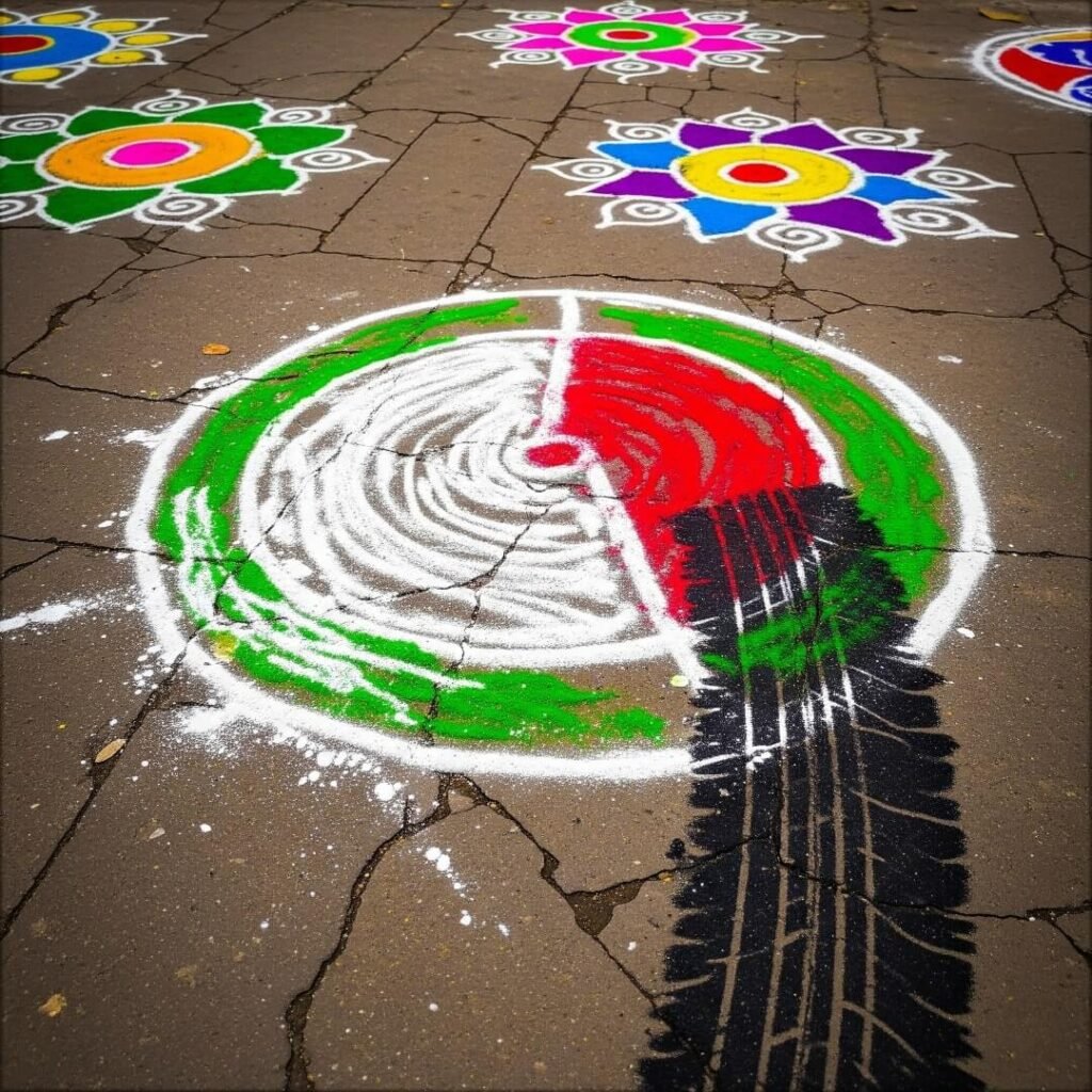 Lopsided rangoli on a Pune footpath with tire mark.